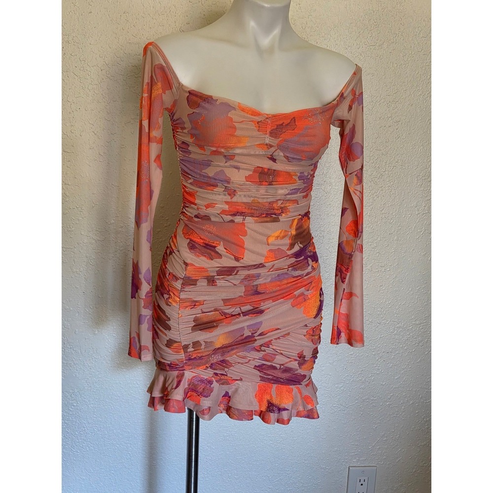 AFRM Shailene Ruched Mesh Mini Dress Floral Off Shoulder Long Sleeve Orange M